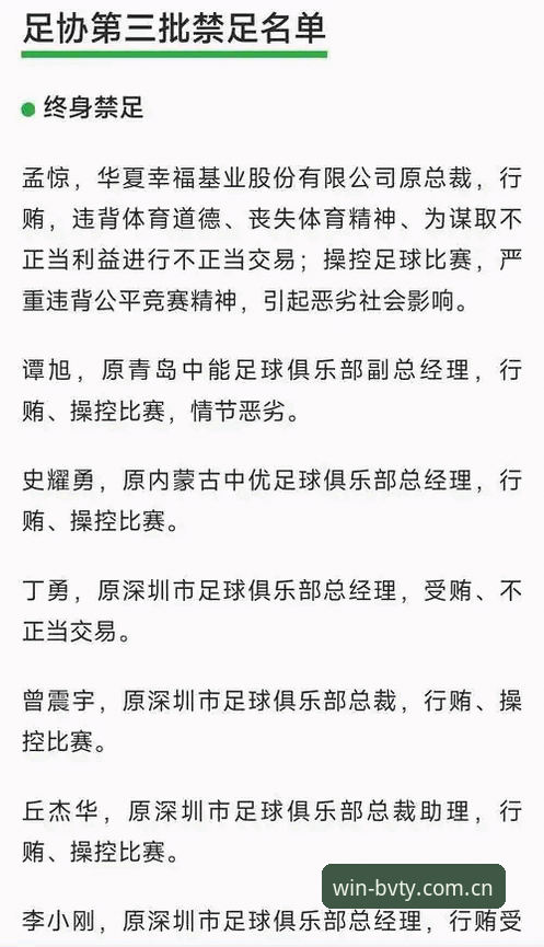 宝威体育app官网官方下载 中国足协第三批禁足名单解读:17人终身禁足,48人遭重罚